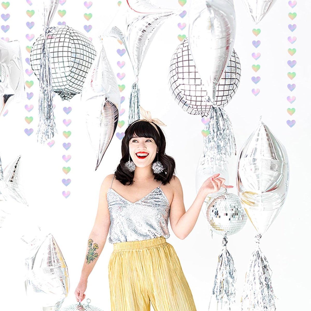 Iridescent Disco-Holographic Heart Garland - 52Ft Wedding Hanging Decoration Neon Streamers Banner