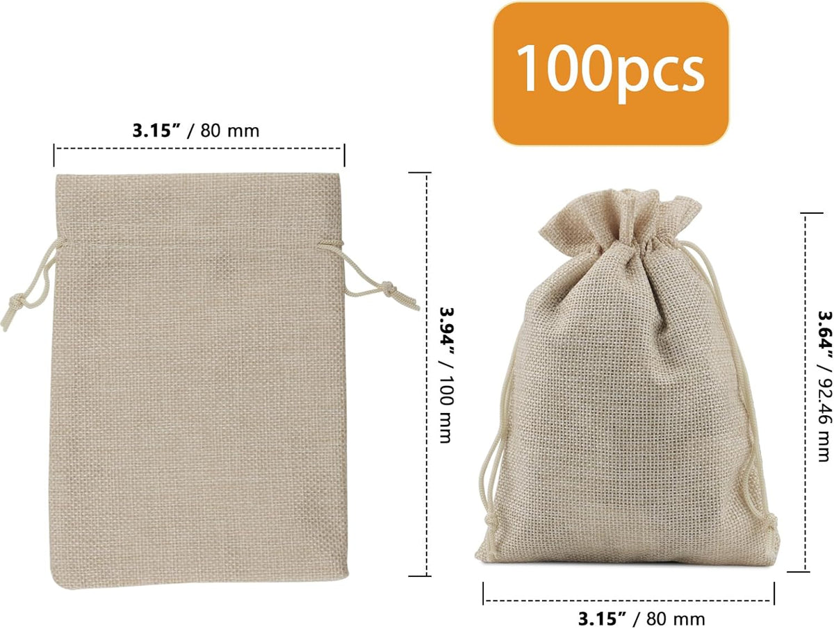 ZOENHOU 100 Packs 3 x 4 Inch Burlap Bags with Drawstring, Durable Jute Drawstring Bags, Dustproof