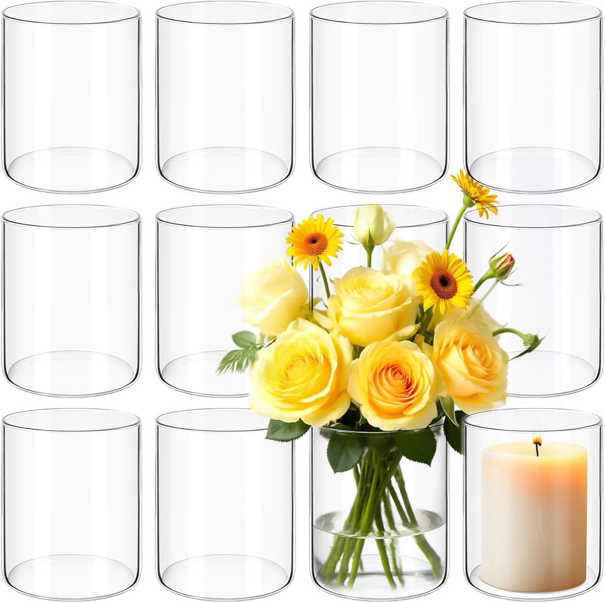 12Pack Glass Cylinder Vases for Centerpieces - 4 Inch Small Flower Vase for Wedding Decorations