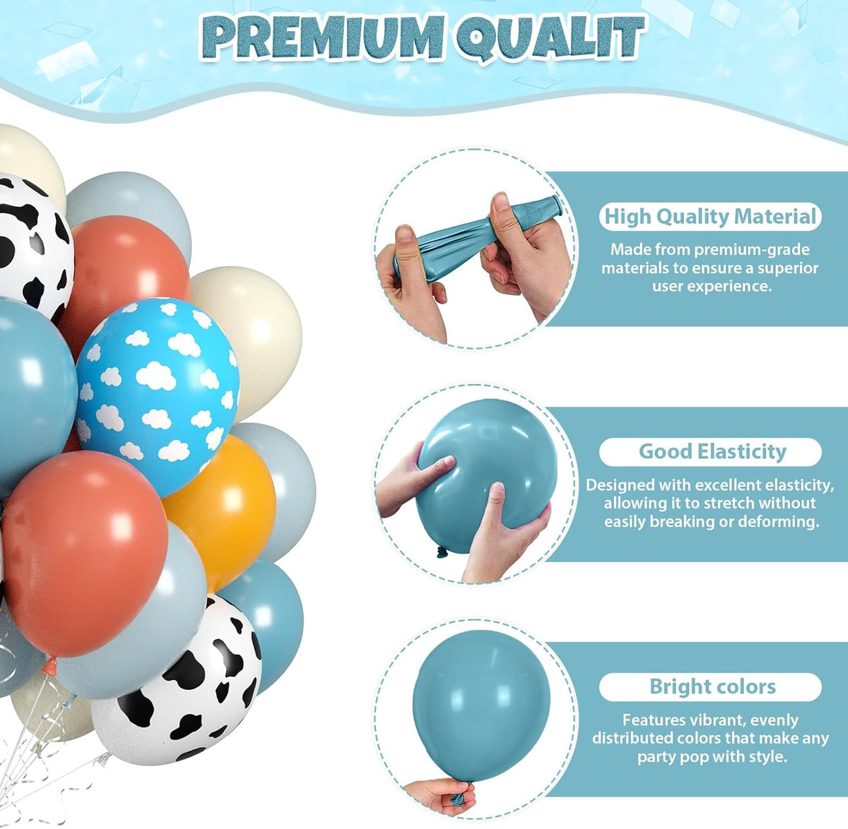 Cow Print Balloons, 60pcs Farm Cow Balloons, Retro Dusty Blue Yellow White Balloon, Blue Cloud