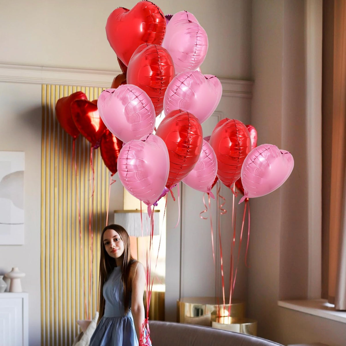 TONIFUL 30Pcs 18 Inch Red Pink Heart Balloons Valentine’s Day Heart Shape Foil Mylar Balloons