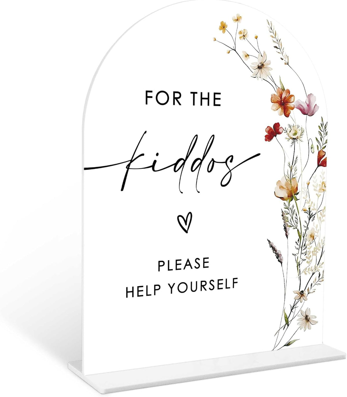 Boho Floral For the Kiddos Favors Sign, 6 x 8 Inch White Arch Acrylic Wedding Sign with Holder