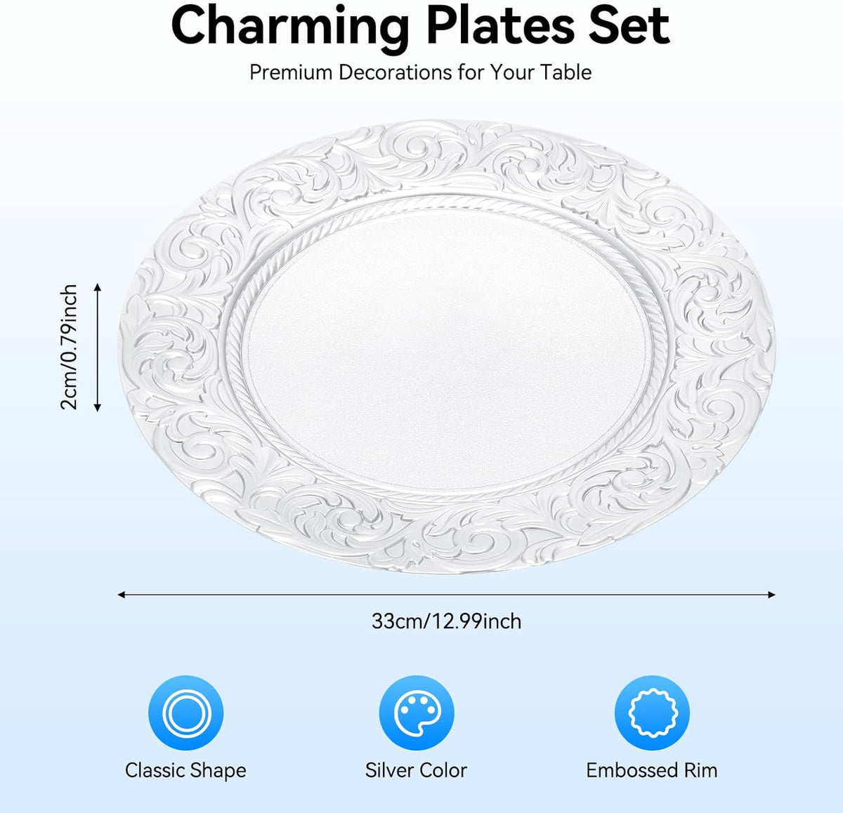 Antique Charger Plates Set, 100 Pcs 13in Plastic Embossed Dinner Plate, Round Phoenix Pattern