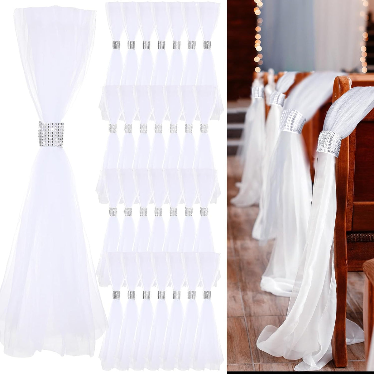 36 Set Wedding Aisle Chair Decorations 31.5 Inch Pew Bows with Long Tulle Tails and Rhinestone wrap