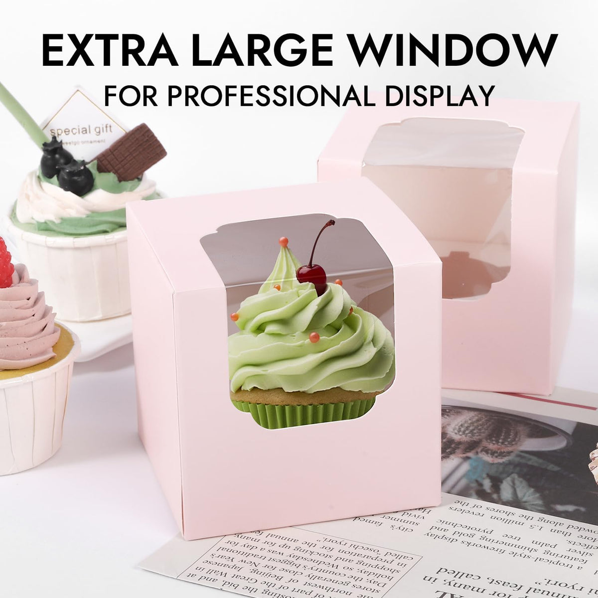 JCD 120 Pcs Individual Pink Cupcake Box with Insert, Cupcake Boxes Auto-pop up Individual Cupcake