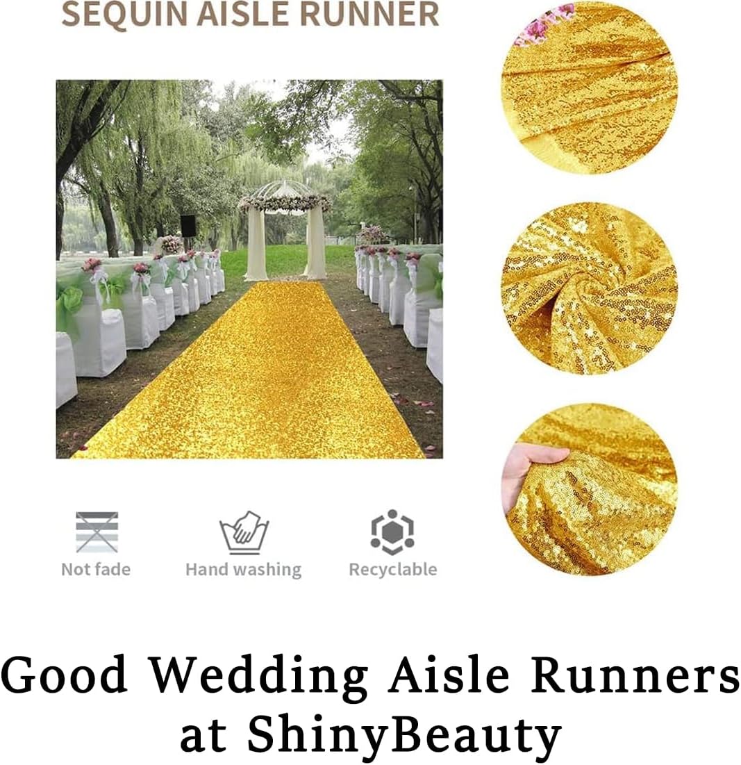 ShinyBeauty 4FTx10FT Gold Sequin Aisle Runner for Wedding Ceremony | Glitter Floor Runner for