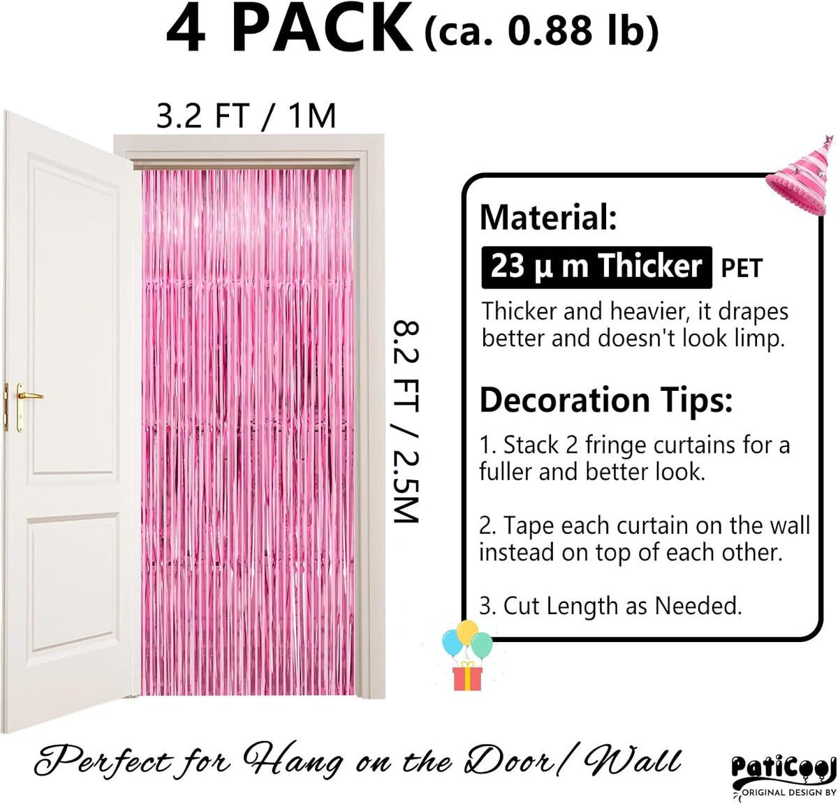 Pink Streamers Party Decorations - Thicken 4 Pack 3.2 x 8.2 FT - Pink Tinsel Foil Fringe Curtains