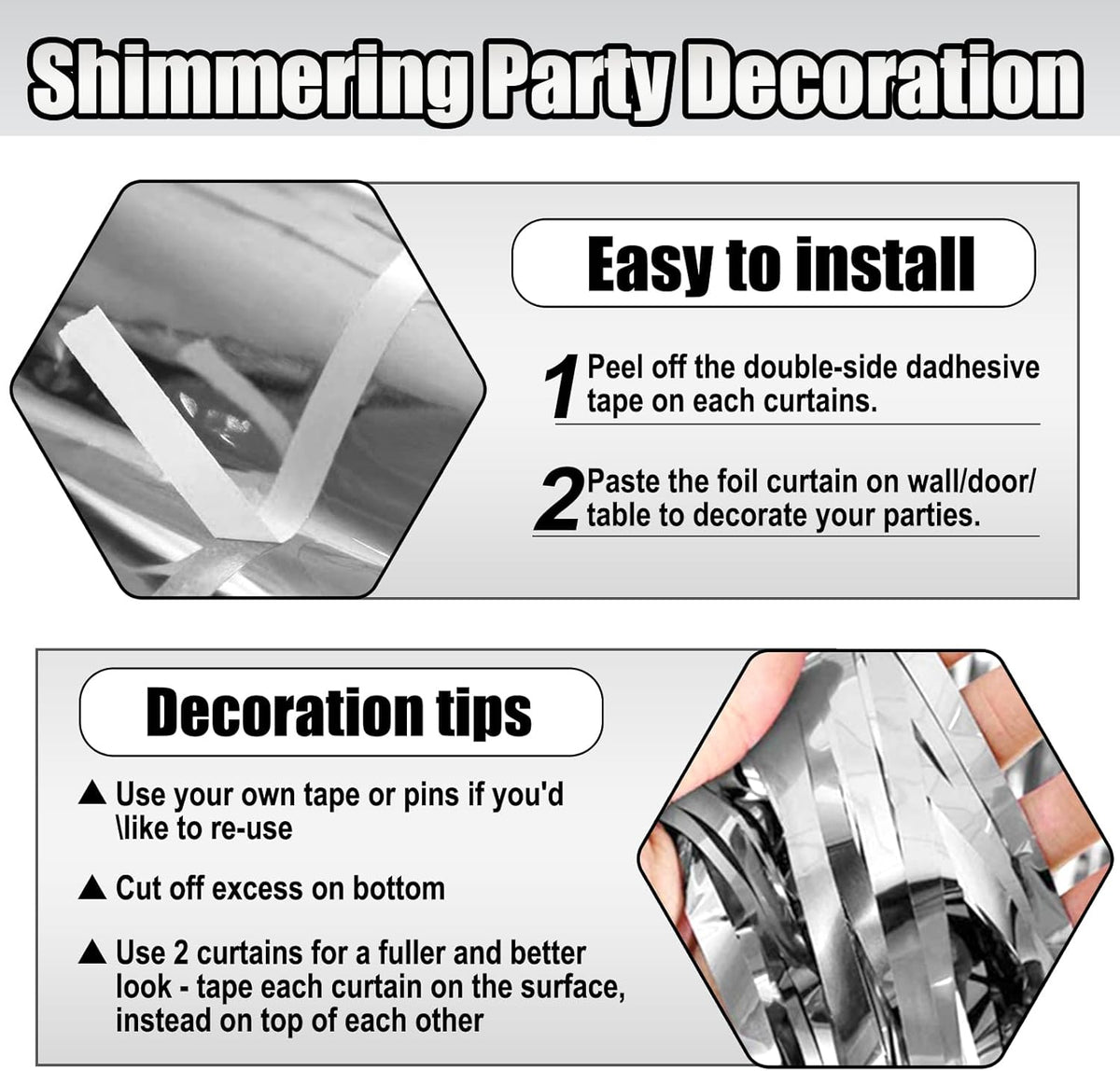 3 Pack Silver Foil Fringe Curtain Backdrop, 3.28Ft x 8.2Ft Metallic Tinsel Foil Fringe Streamer