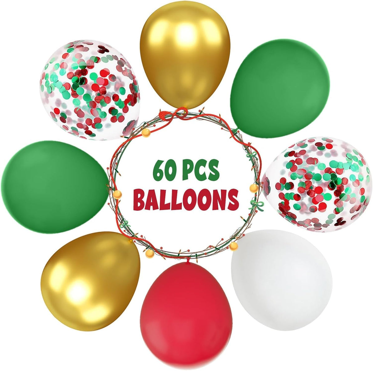 FunHot Christmas Balloons, 60 Pcs Red Green Gold Balloons, 12 Inch Red Green Confetti Balloons
