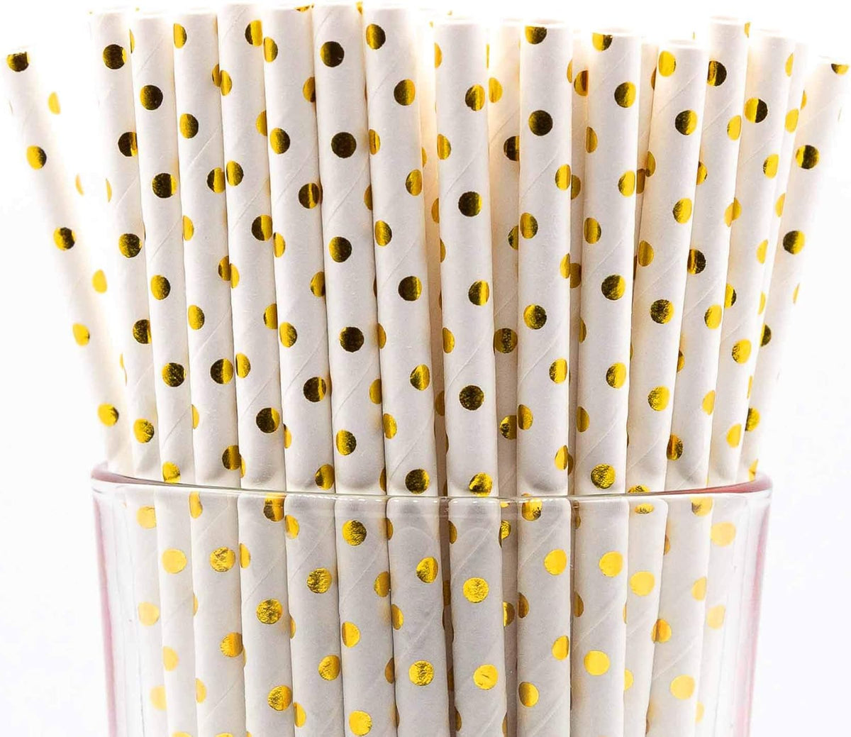 Pack of 150 Gold Polka Dot Foil Biodegradable 4-Ply Paper Drinking Straws (Compostable, Non-toxic