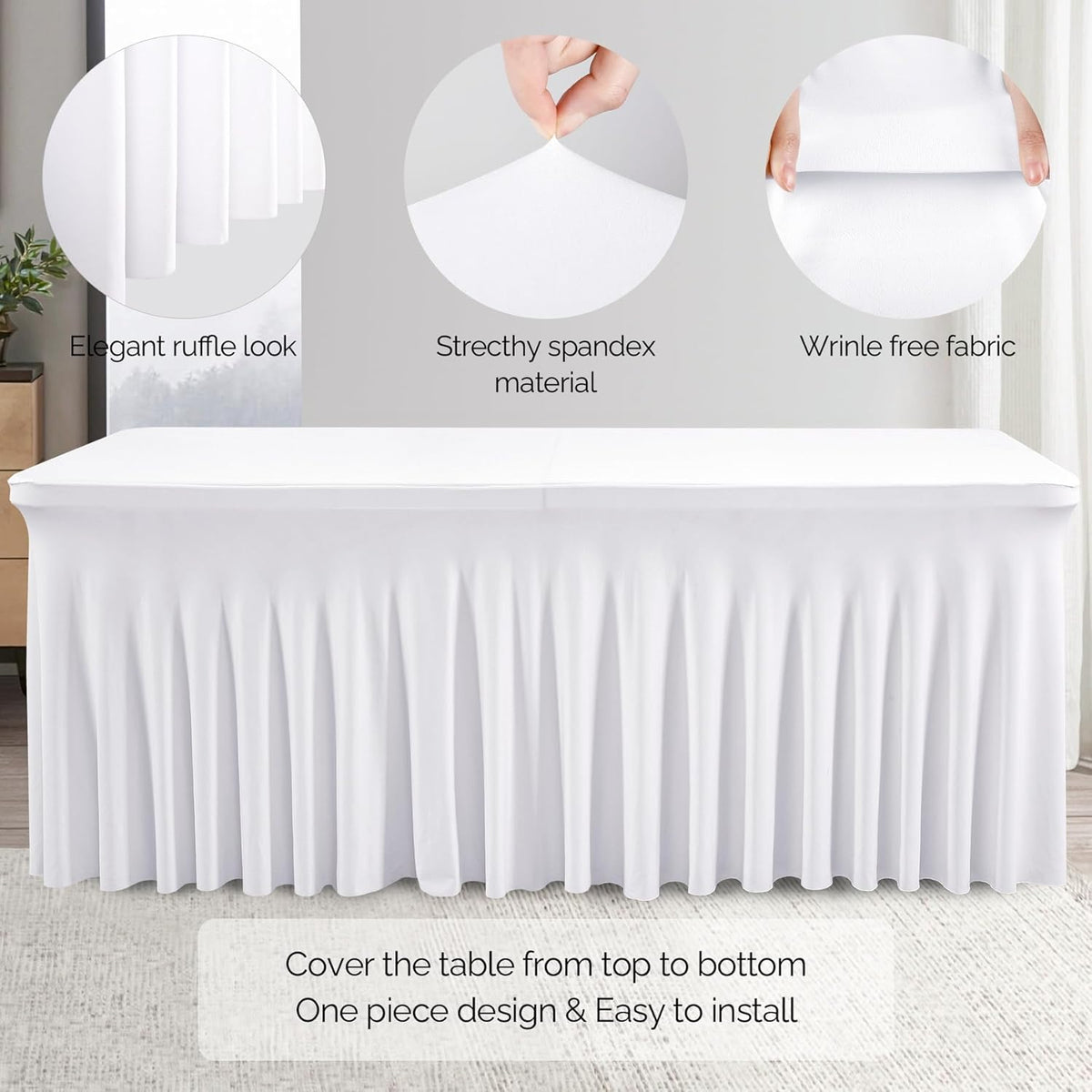 6 Pack White Spandex Table Clothes for 8 Foot Rectangle Tables, 8FT Wrinkle Free Fitted Tablecloths