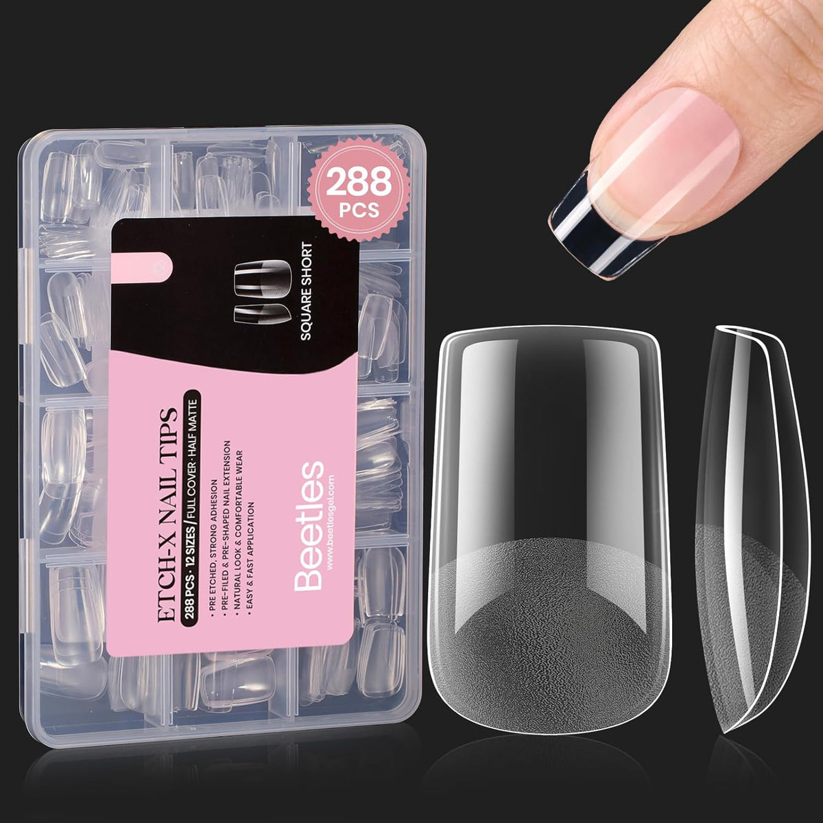 Beetles Short Square Gel Nail Tips 12 Sizes 288 PCS Half Matte Full Cover False Nails Clear Acrylic