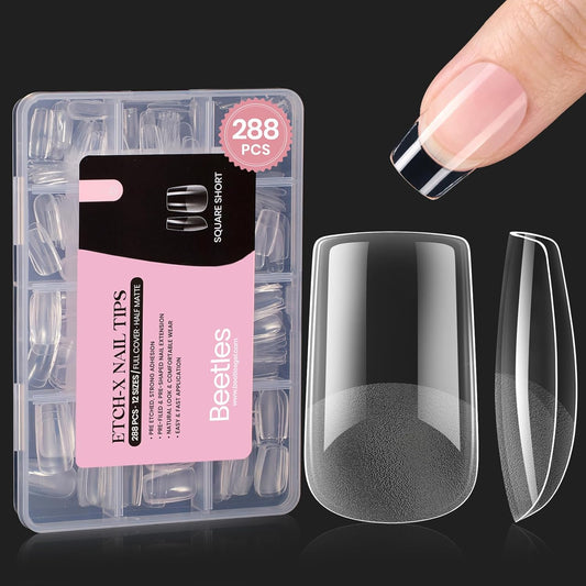 Beetles Short Square Gel Nail Tips 12 Sizes 288 PCS Half Matte Full Cover False Nails Clear Acrylic
