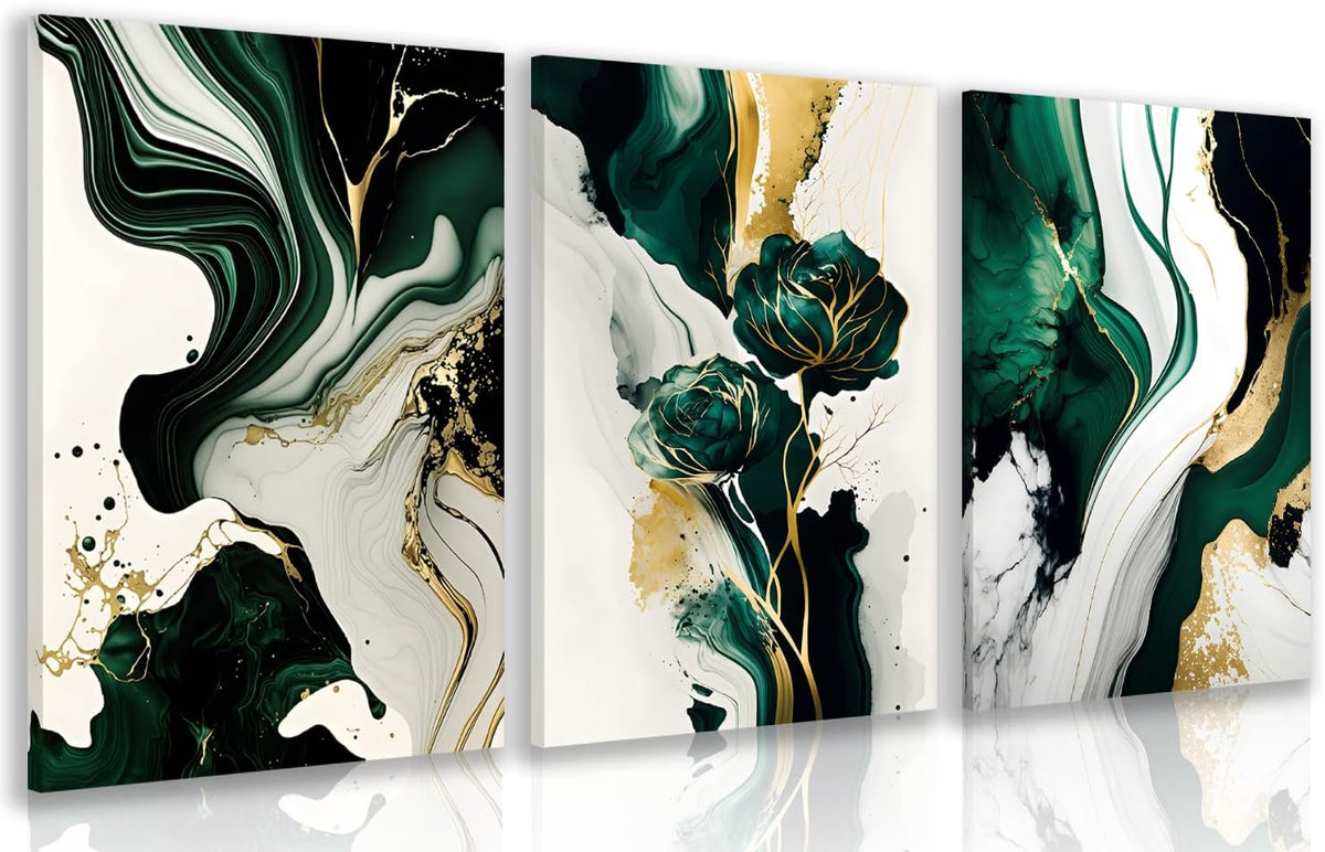 IAFWZX Framed Green Gold Abstract Wall Art, Emerald Marble Textured Wall Decor, Contemporary Line