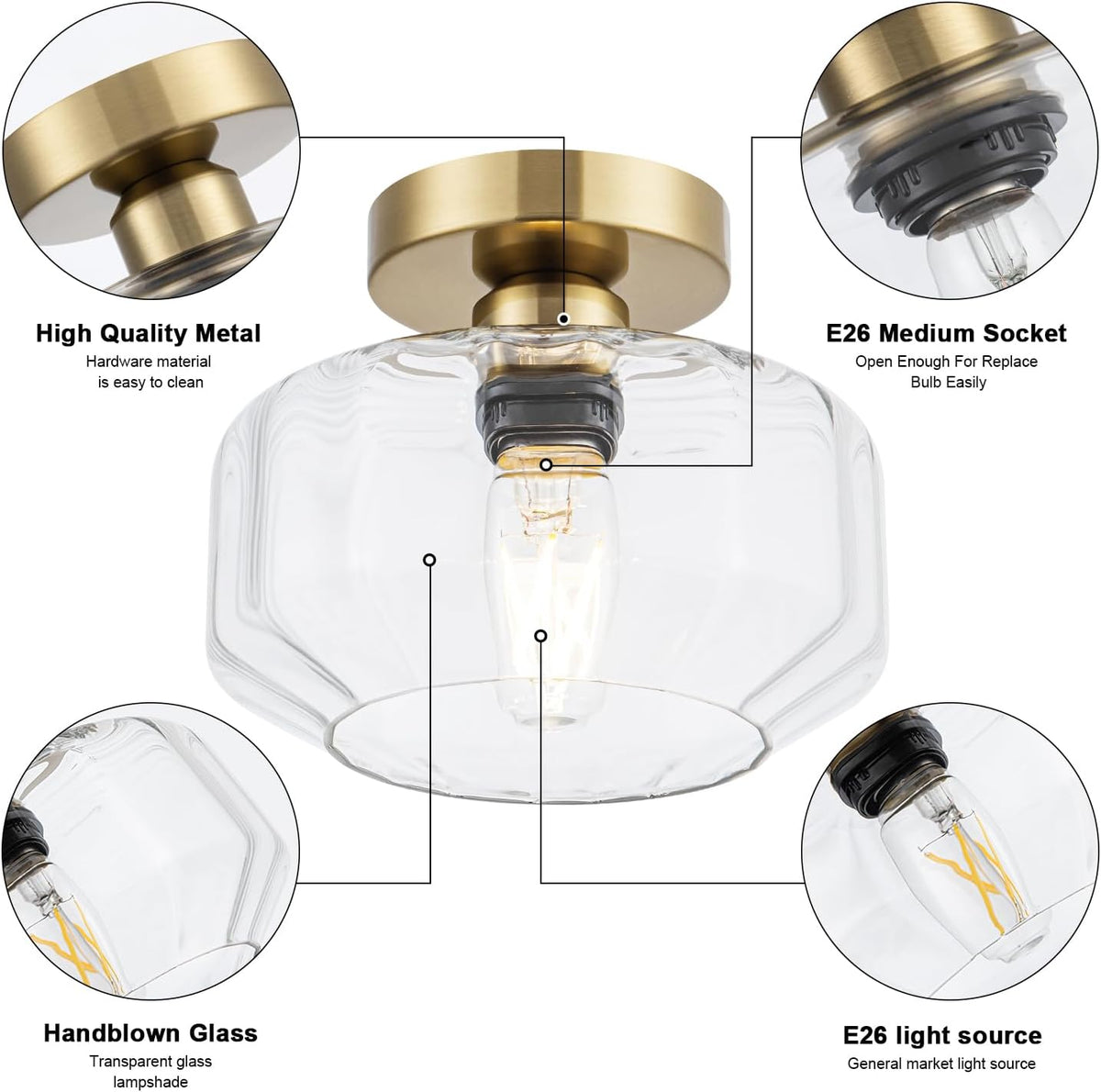 Gold Flush Mount Ceiling Light Modern - Hexagonal Diamond Faceted Glass, 50% Brighter 1200LM LED