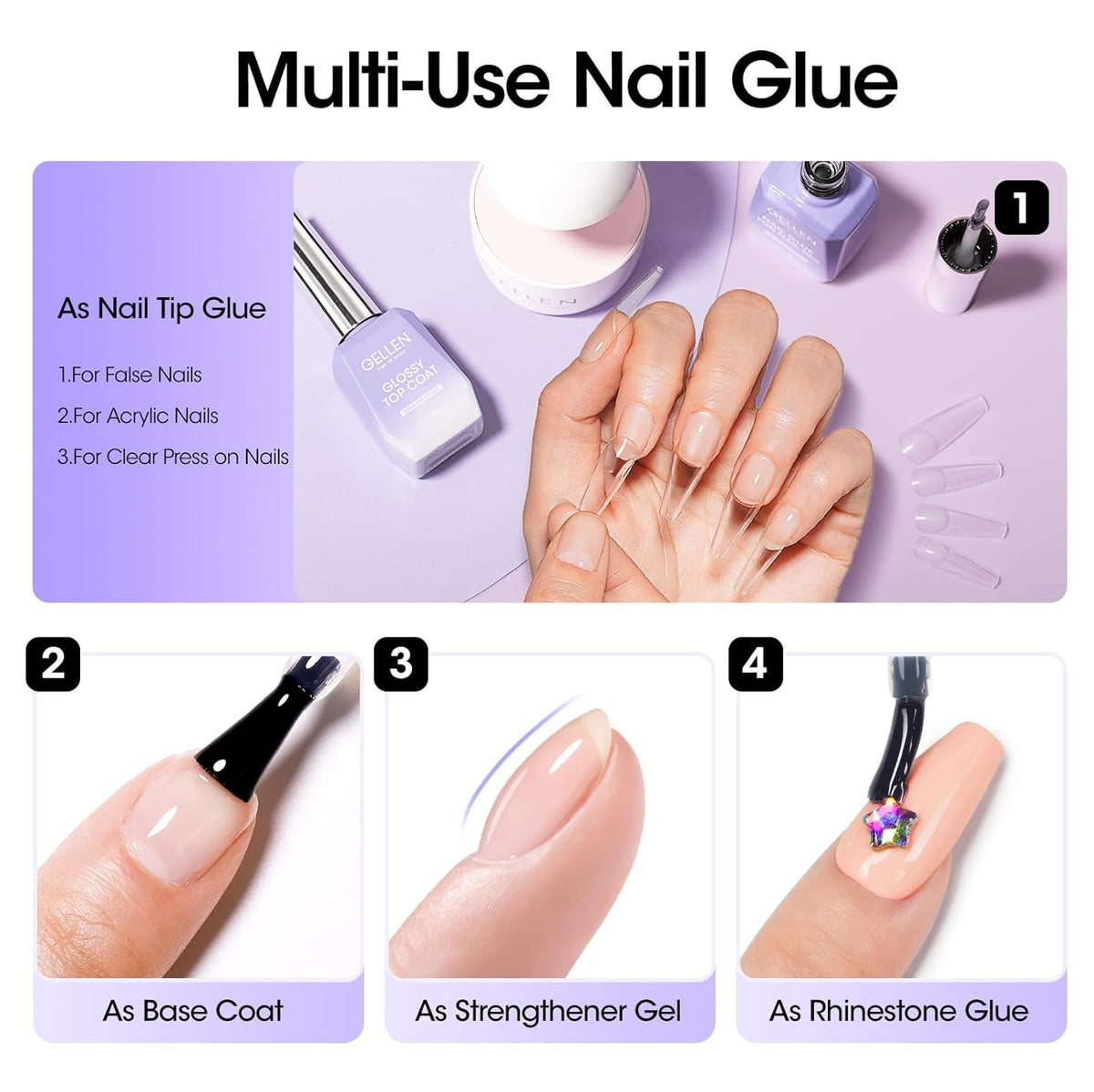 Gellen 2 Pcs Gel Nail Glue for Nail Tips, 4 in 1 UV Extension Glue for Acrylic Tips & Clear Press