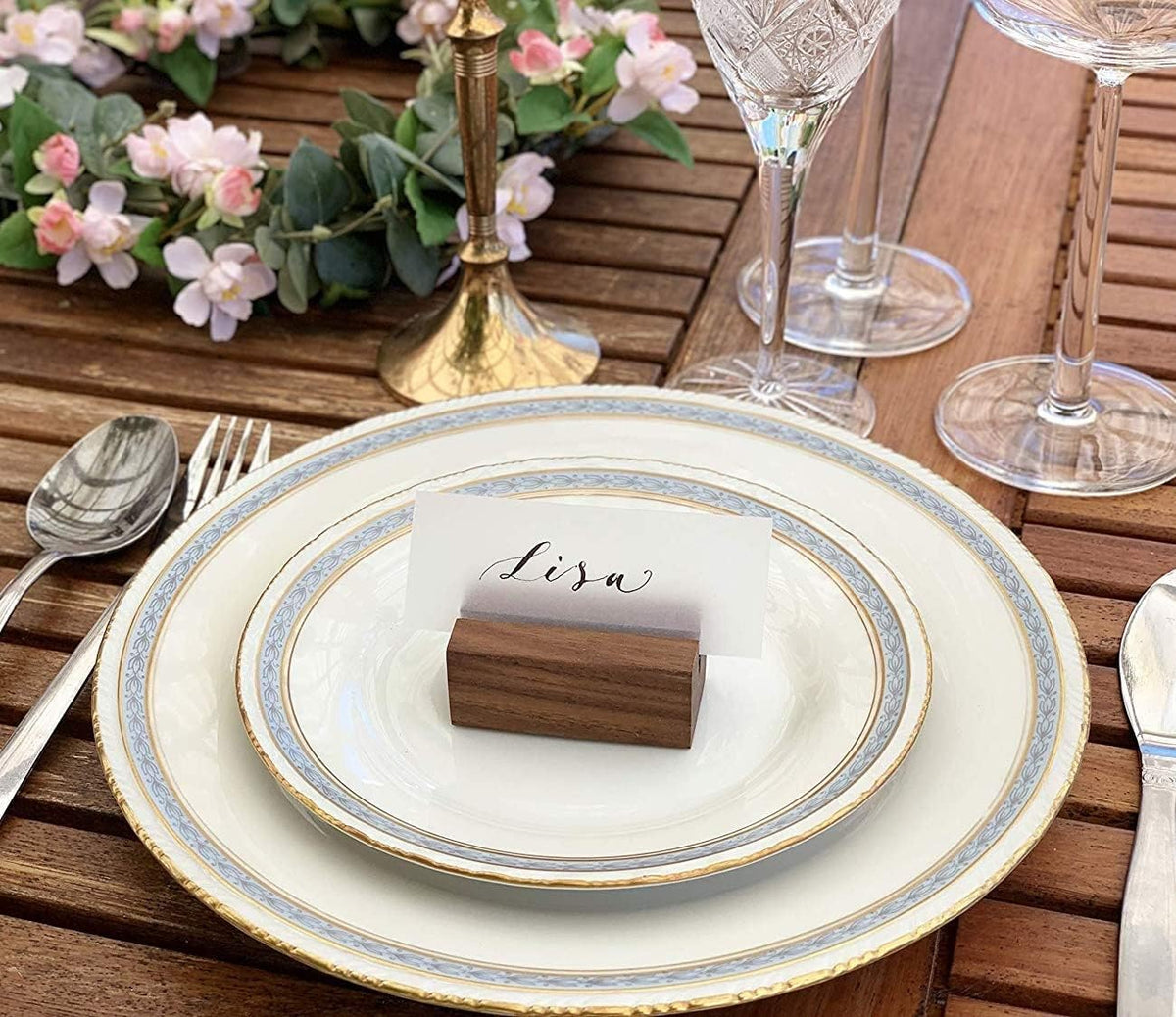 UNIQOOO 5 Pack Place Card Holders | Rustic Walnut Wood Escort Cards Display Stands | Table Number