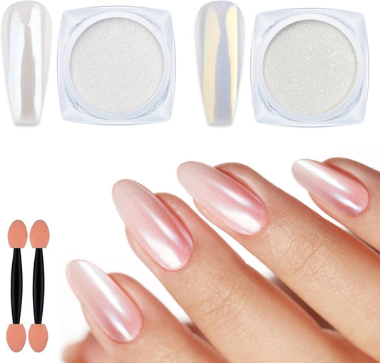 Artdone 2 Jars Chrome Nail Powder White and Gold Pearl,Iridescent Aurora Powder Metallic Mirror