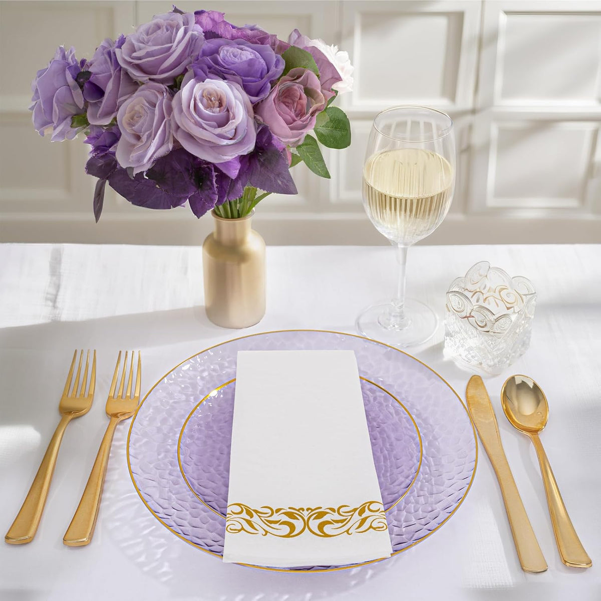 Rubtlamp 350 Pcs Clear Purple Plastic Plates, Gold Plastic Dinnerware Set (50 Guests), Purple