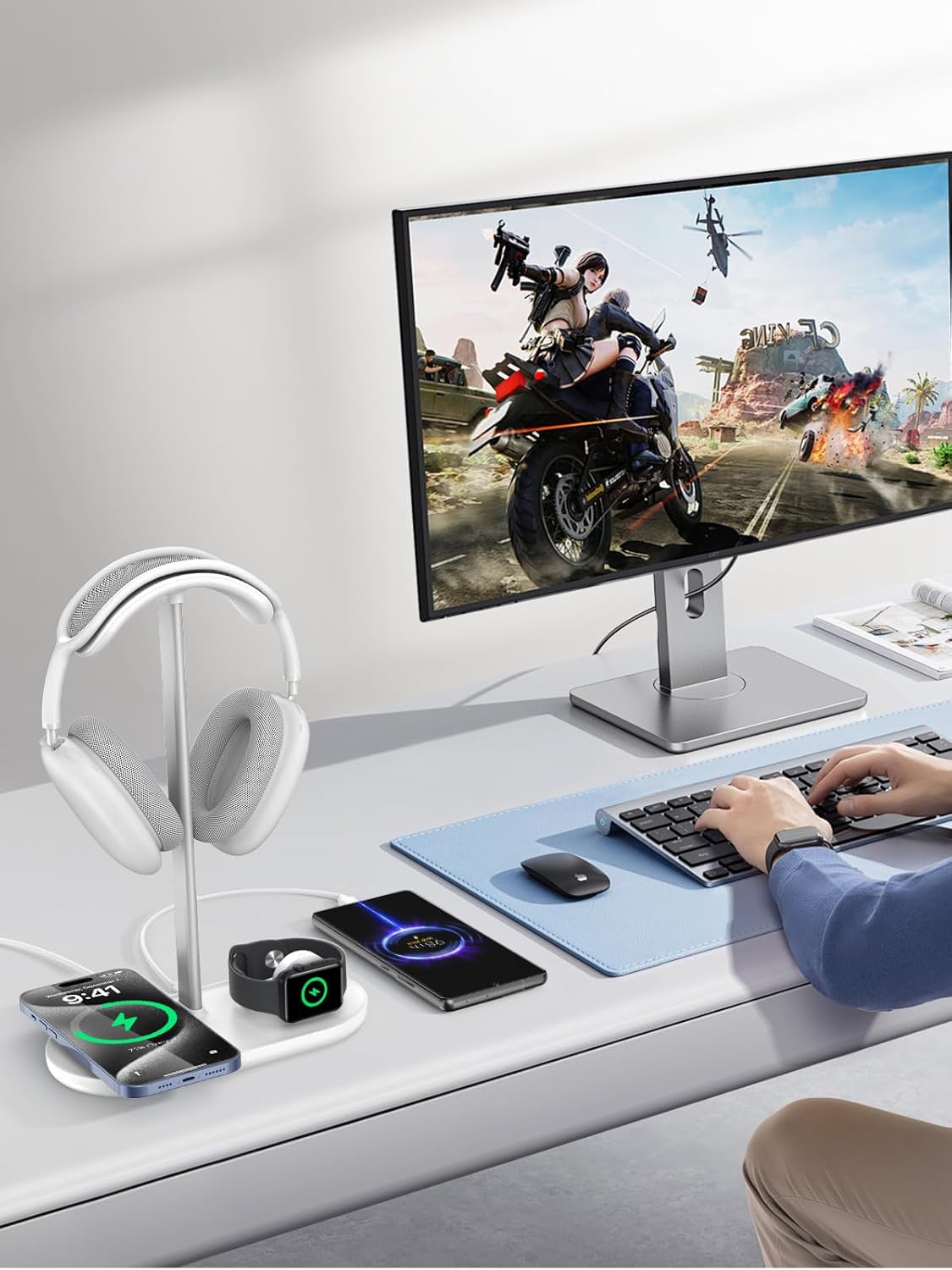 TopMade 5 in 1 Headphone Stand for Desk with Wireless Charger & USB Charging for