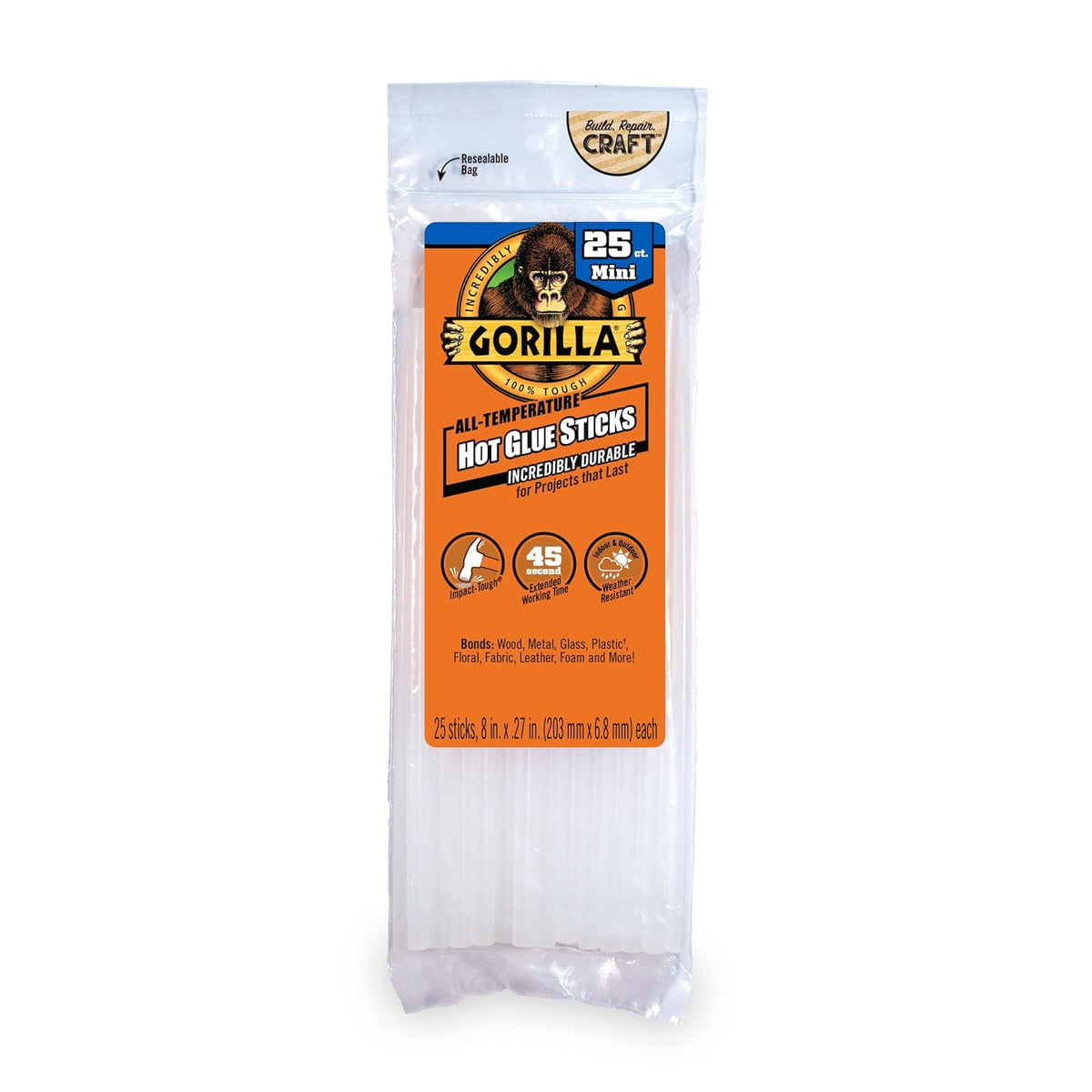 Gorilla Hot Glue Sticks, Clear Glue, Mini Size 8" Long x 0.27" Diameter, 25 Count (Pack of 4)