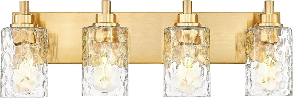 4-Light Bathroom Light Fixtures, 24.5 Inch Brushed Gold Vanity Lights with Clear Hammered Glass