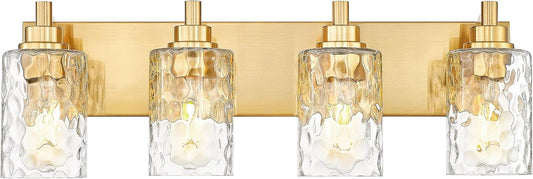 4-Light Bathroom Light Fixtures, 24.5 Inch Brushed Gold Vanity Lights with Clear Hammered Glass