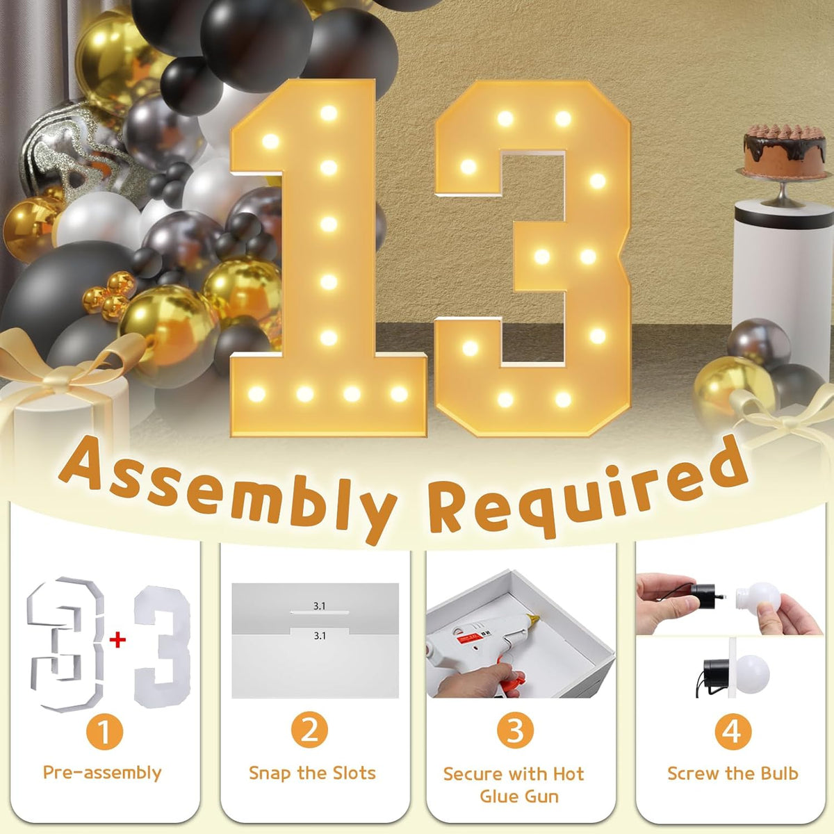 Imprsv 4FT Light Up Numbers, Marquee 13th Birthday Decorations for Girls Boys, Large Light Up 13th