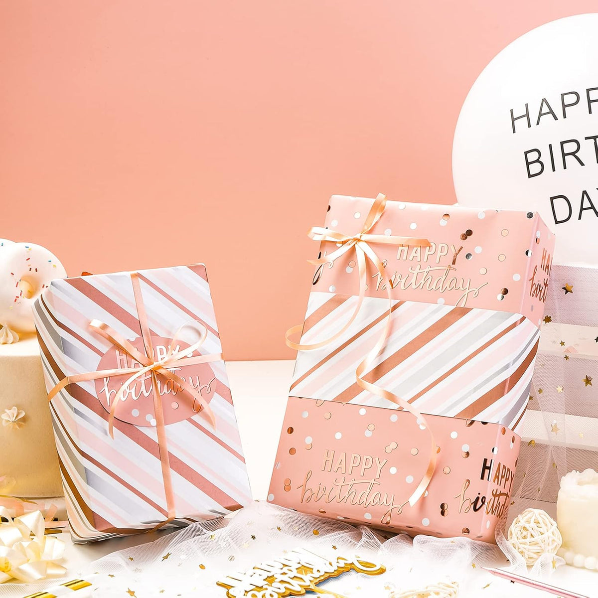 LeZakaa Reversible Pink Birthday Wrapping Paper Roll for Girls Women, Happy Birthday Lettering &