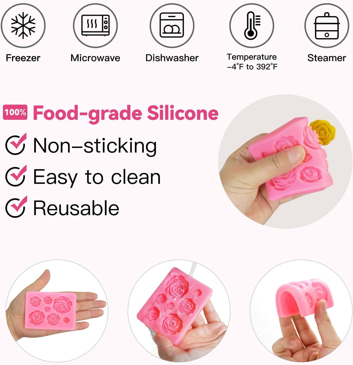 4 Pcs Rose Flower Silicone Molds, Fondant Cake Flower Mold Silicone Polymer Clay Molds Rose Clay