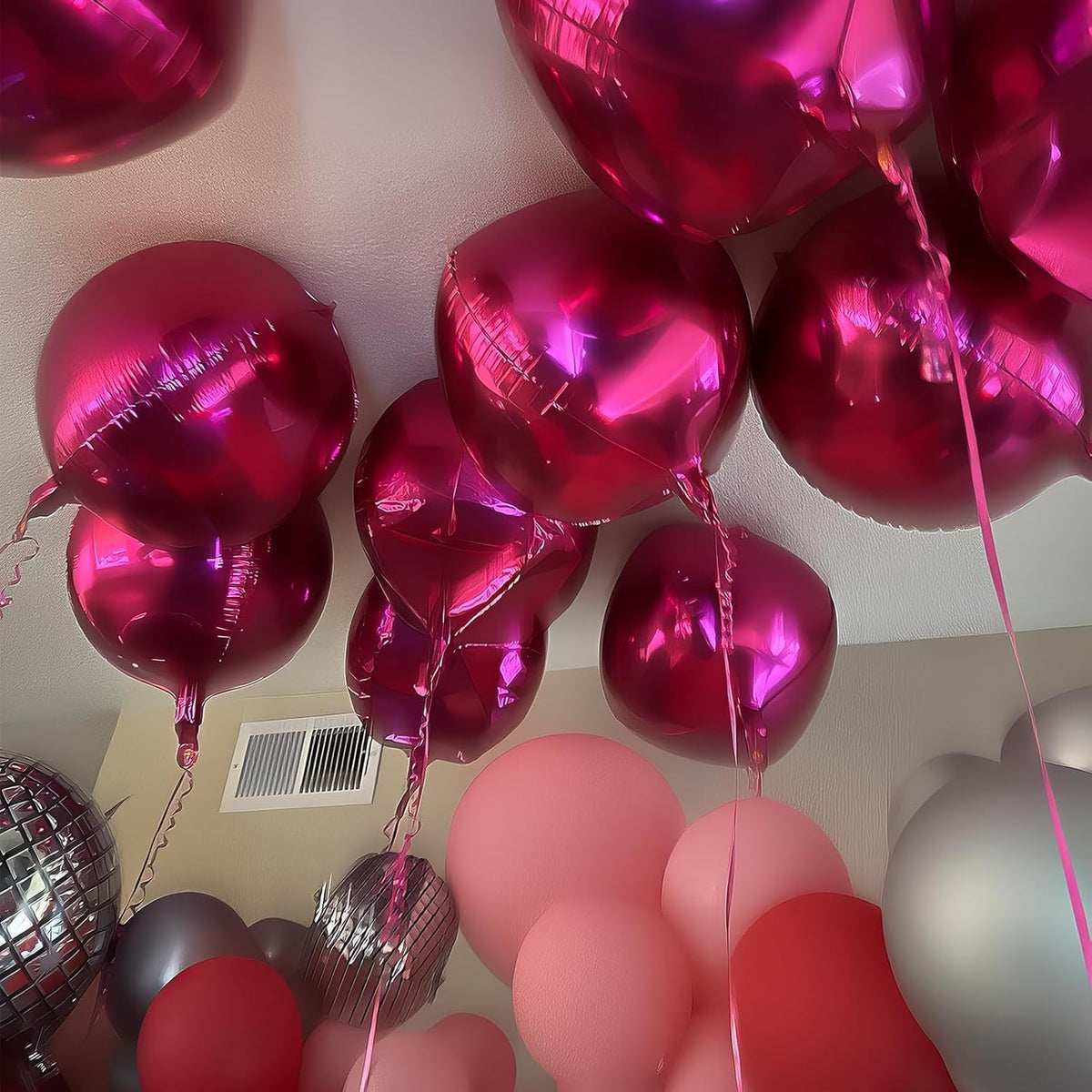 12Pcs Hot Pink Round Foil Balloons, 22" 15" 10" 4D Helium Ball Balloon, Metallic Pink Foil Balloon