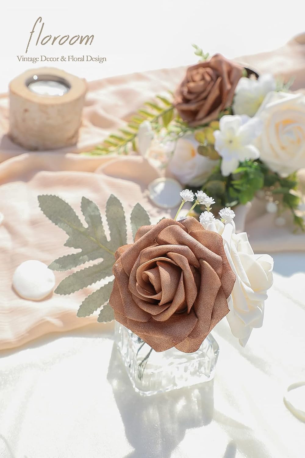 Floroom Artificial Flowers 25pcs Real Looking Gold Sparrow & Cream Foam Fake Roses with Stems for