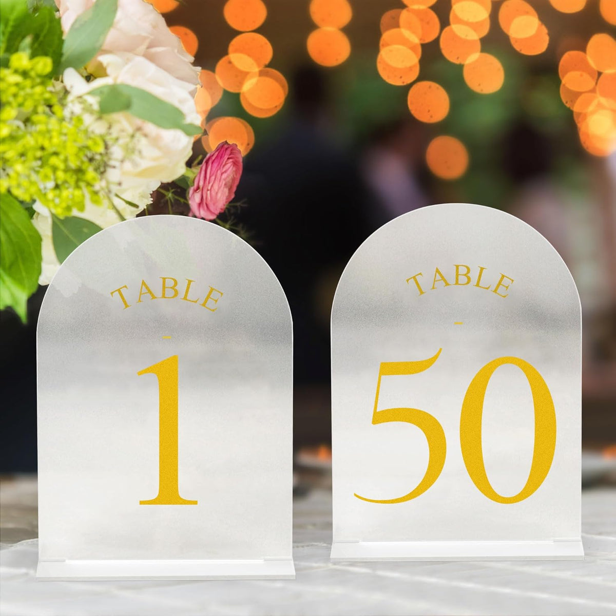 JOYIT Frosted Arch Wedding Table Numbers 1-50 with Stands – 5" X 7" Acrylic Gold Table Number