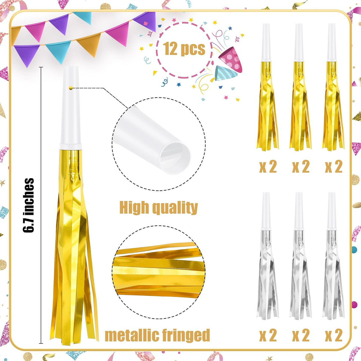 12 Pcs Glitter Noise Makers Metallic Fringed Party Blower for Adults Birthday Graduation New Years