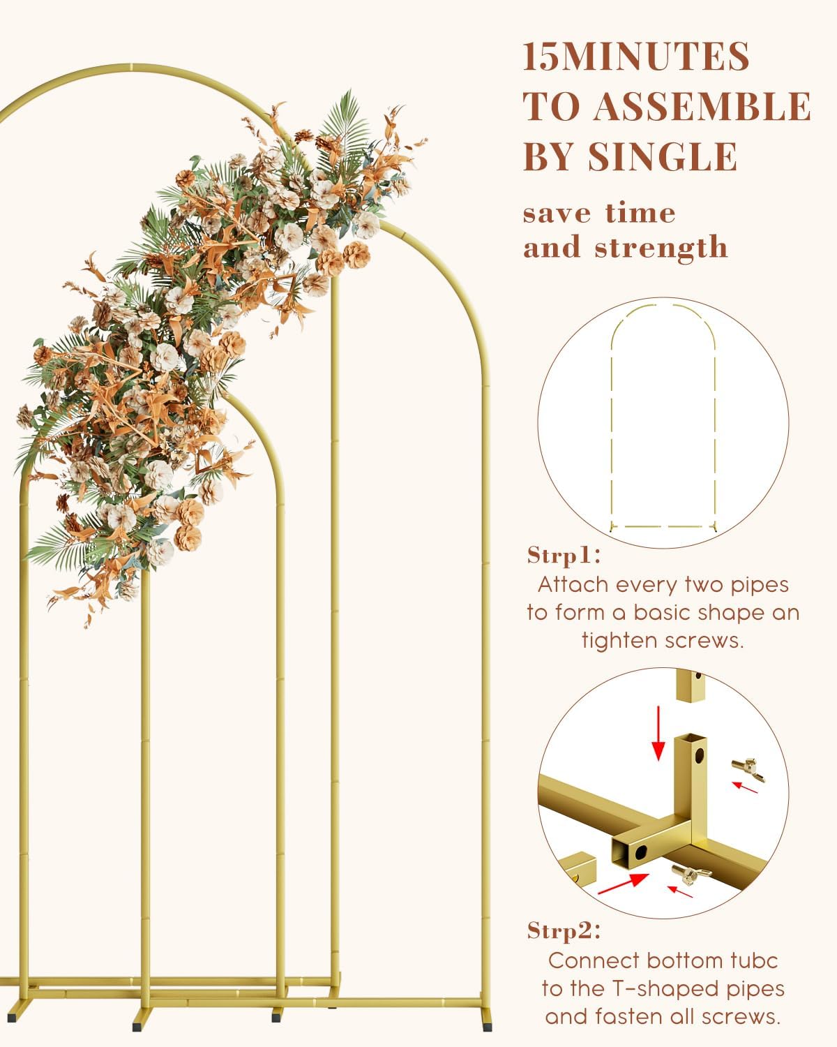 Wedding Arch Set of 3, Gold Metal Arch Backdrop Stand, Balloon Arch Stand Wedding Arch Frame for