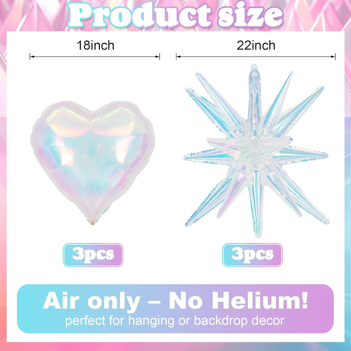 6Pcs Iridescent Foil Balloons, 22" 18" Heart Explosion Star Iridescent Balloons Large Holographic