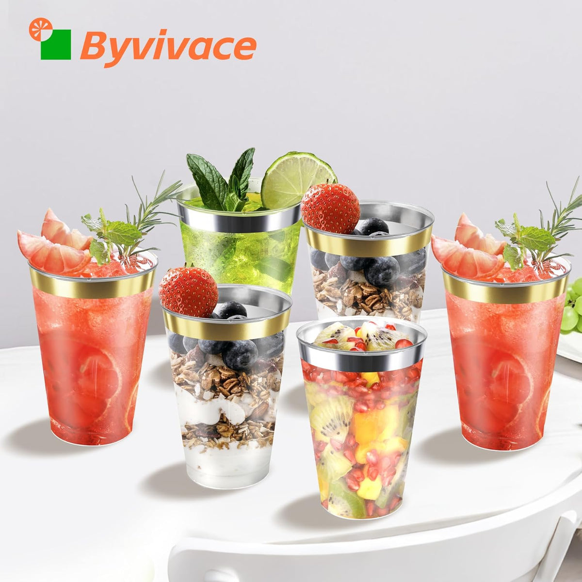 12oz Clear Plastic Cups with Gold Rimmed Sturdy & Food Safe Disposable Wine Glasses Wedding Cups