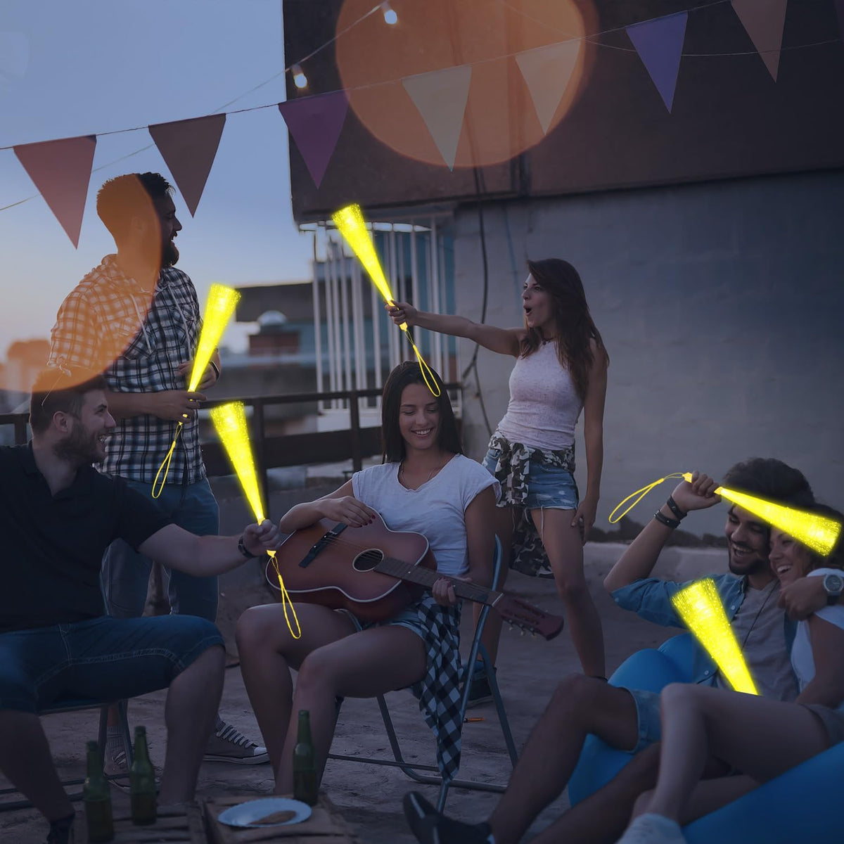 48 PCS Yellow Glow Fiber Wands Sticks LED Light Wands 3 Modes Flashing Fiber Optic Light Rod Bulk