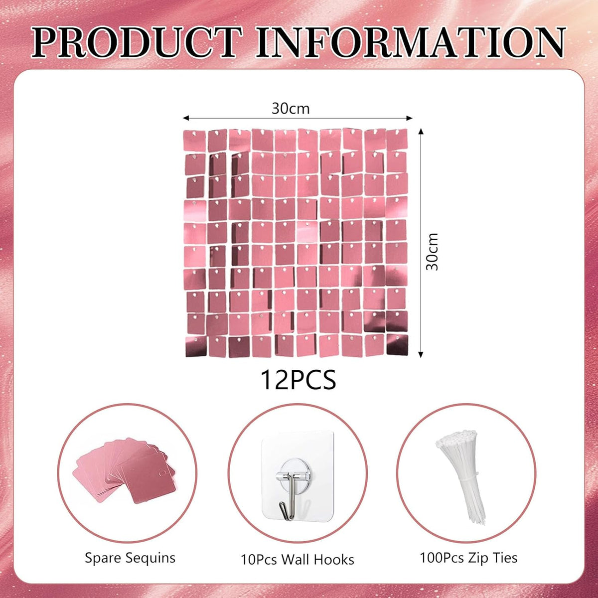 12PCS Pink Shimmer Wall Backdrop, Square Sequin Photo Backdrops Panel, Glitter Wall Background for
