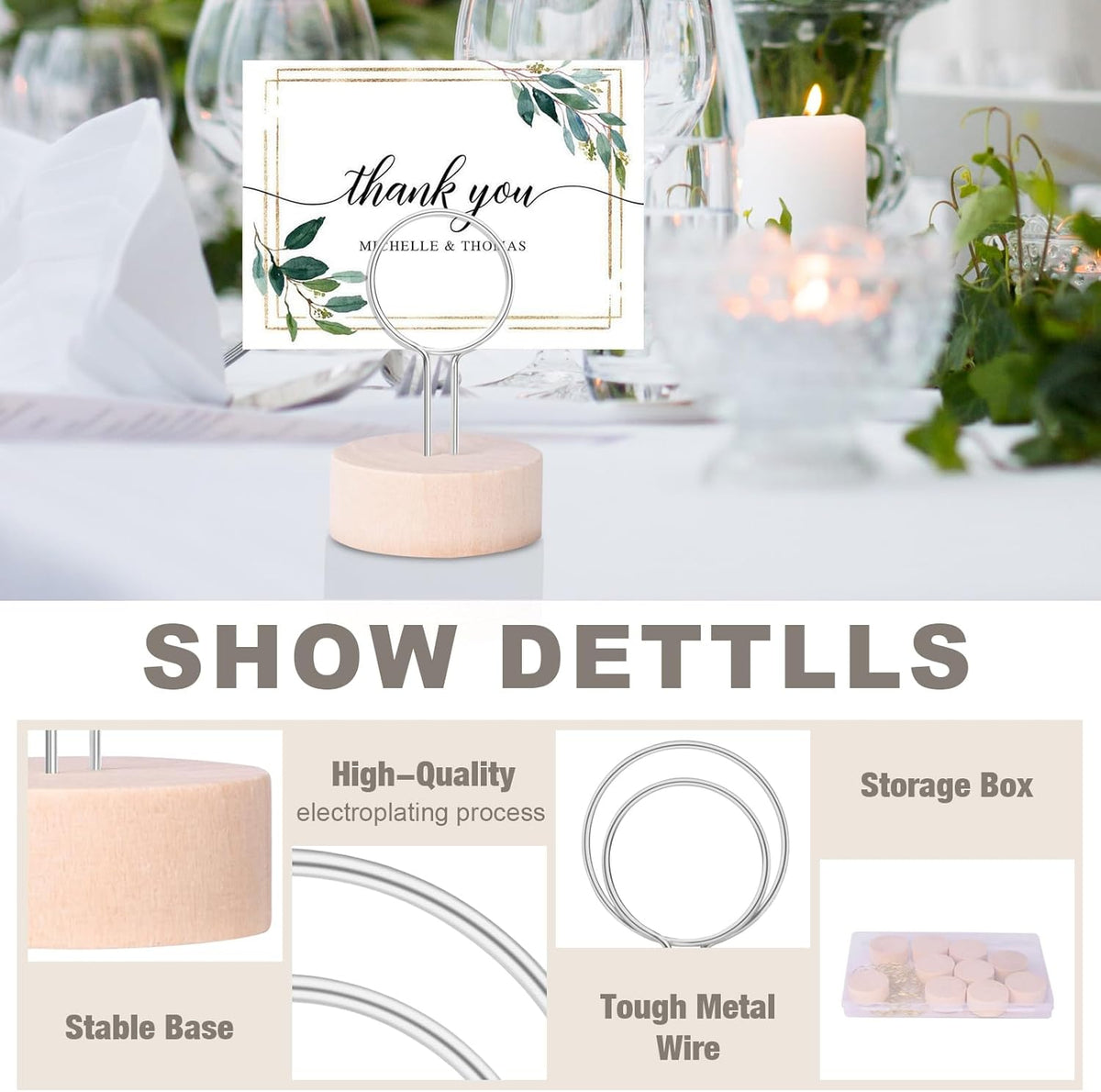 Table Number Holders Pack of 10 Metal Wire with Wooden Base for Better Stability Place Card Holders