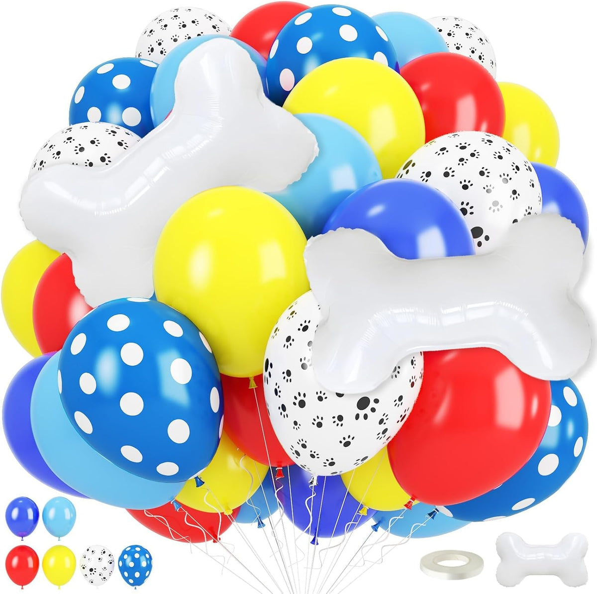 Dog Balloons, Red Yellow Blue Paw Print Balloons with 18 Inch Bone Foil Balloon, Dog Paw Latex