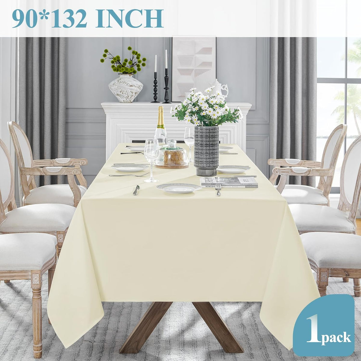 VidaFete Tablecloth 90 * 132inch Rectangle Table Cloth Polyester, Stain Wrinkle Resistant Polyester