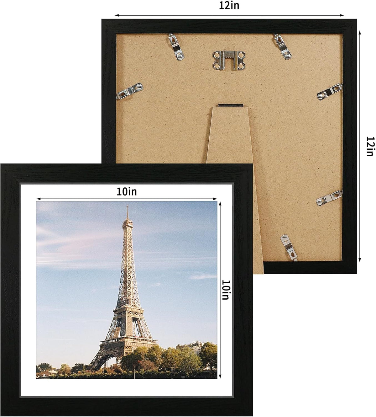 12x12 Picture Frame Set of 4 with Tempered Glass, Black Frame Display 10x10 Picture with Mat or 12