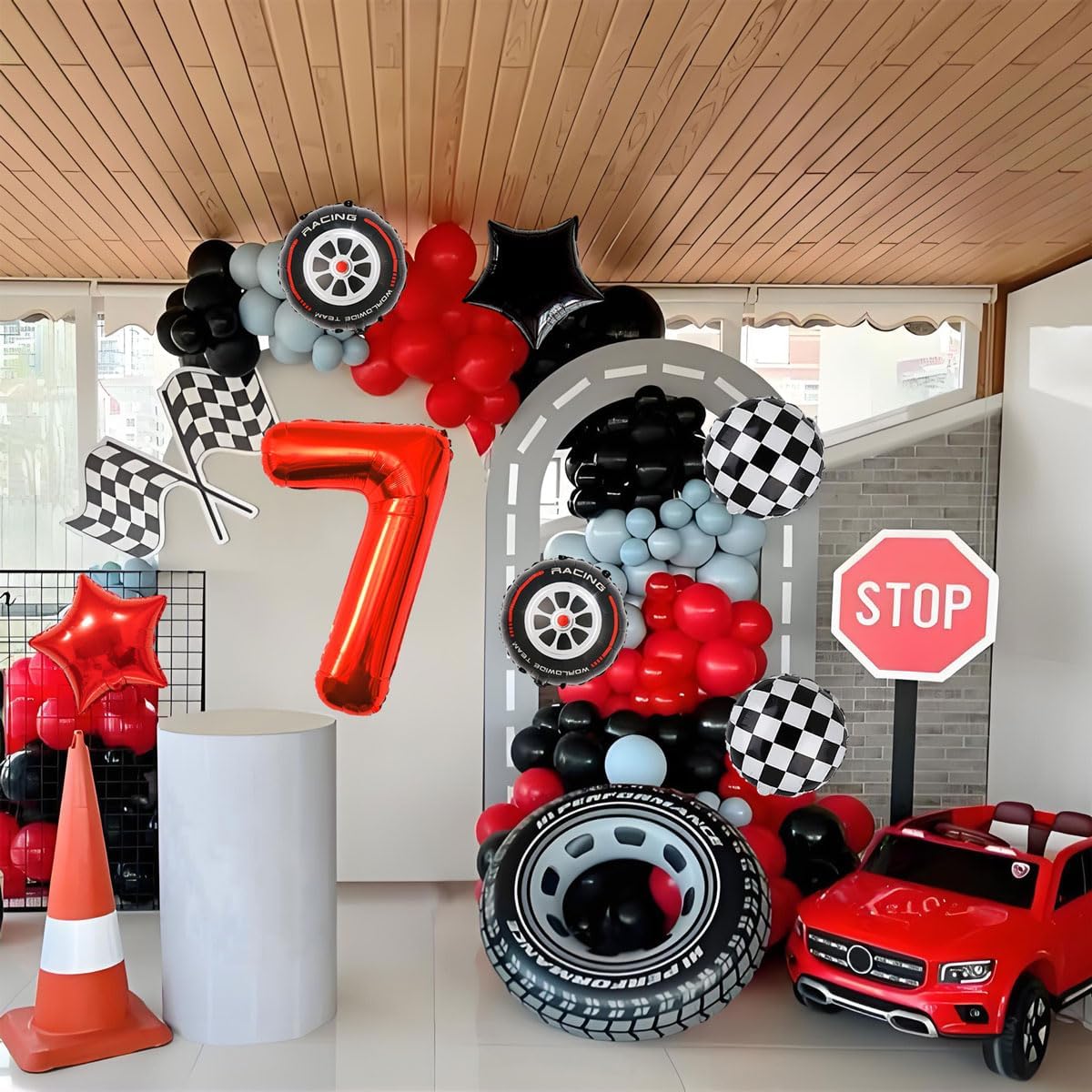 Race Car Birthday Party Decorations - 40 Inch Mylar Red Number 7 Balloons - Black Foil Checkered