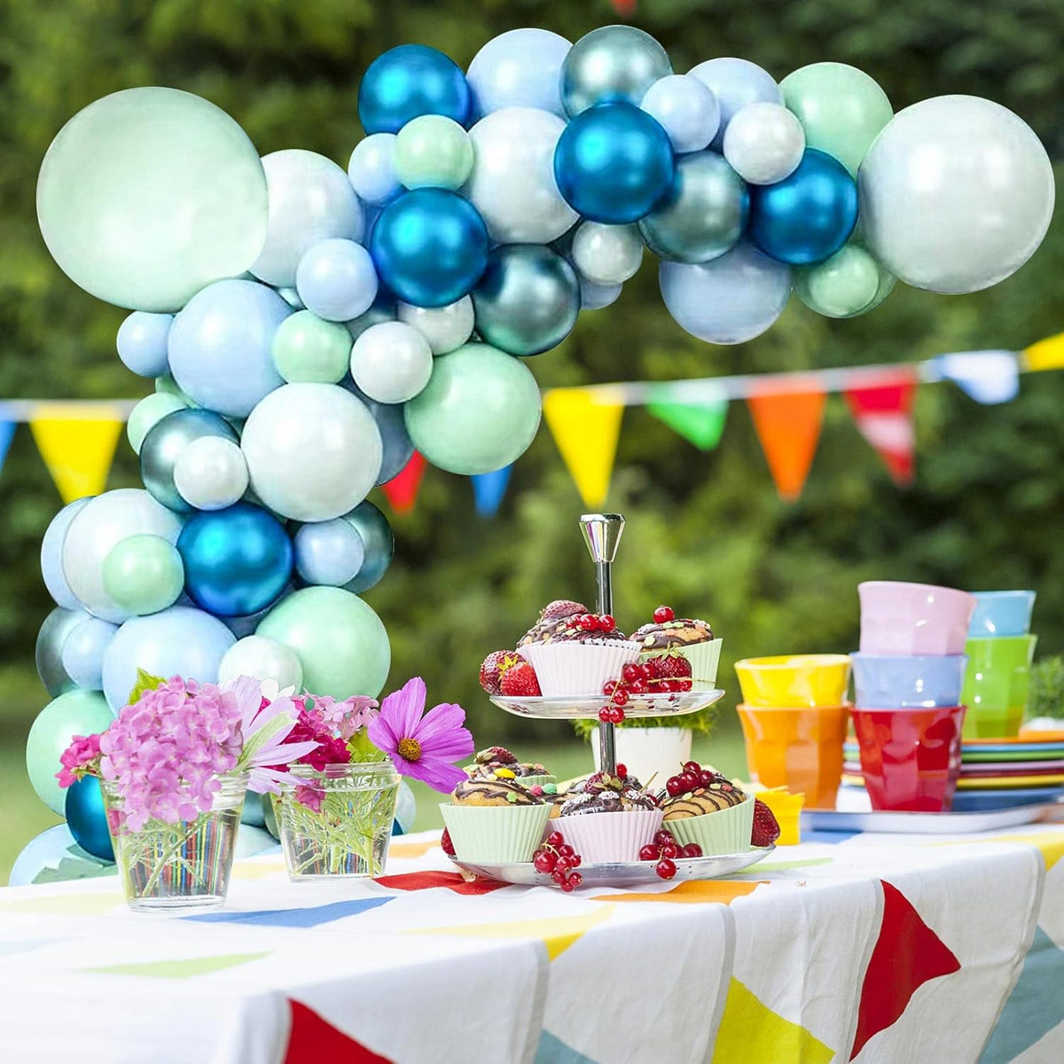 125pcs Blue Green Macaron Balloon and Metallic Blue Silver Balloon Garland Kit for Birthday