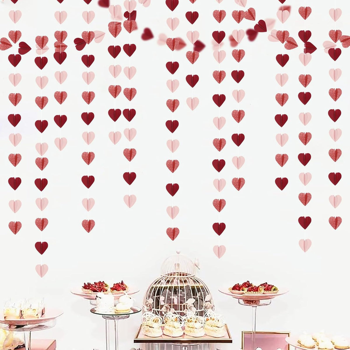 Rose-Gold Pink Burgundy-Red 3D-Heart Garland - 39Ft Party Decorations Hanging Paper Streamers