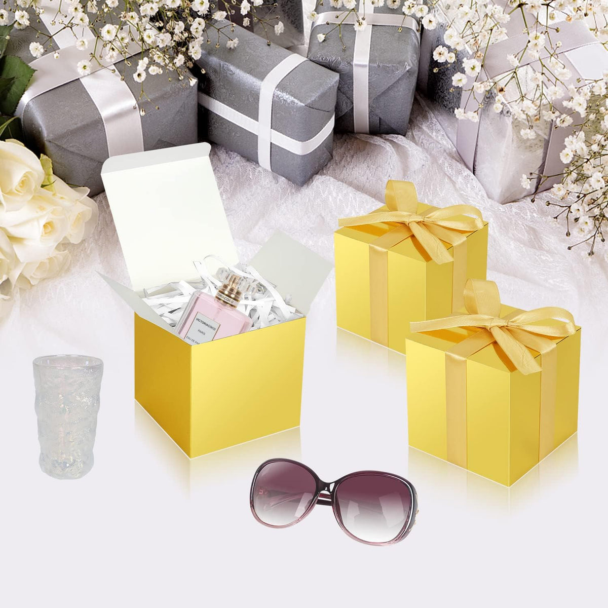 Gold Gift Boxes 5x5x5, 30 Pack Paper Gift Boxes with Lids for Gift, Bridesmaid Proposal Box
