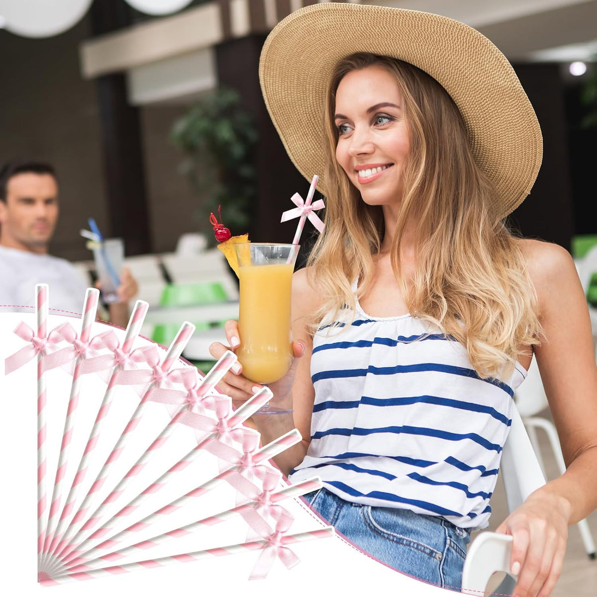 100 Pcs Pink Paper Straws for Drinking, Bow Disposable Striped Paper Straws Bulk Pink Theme