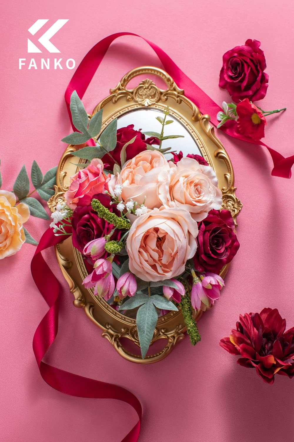 FANKO Rose Artificial Flowers Combo for DIY, Fake Red Rose Artificial Silk Flowers with Greenery