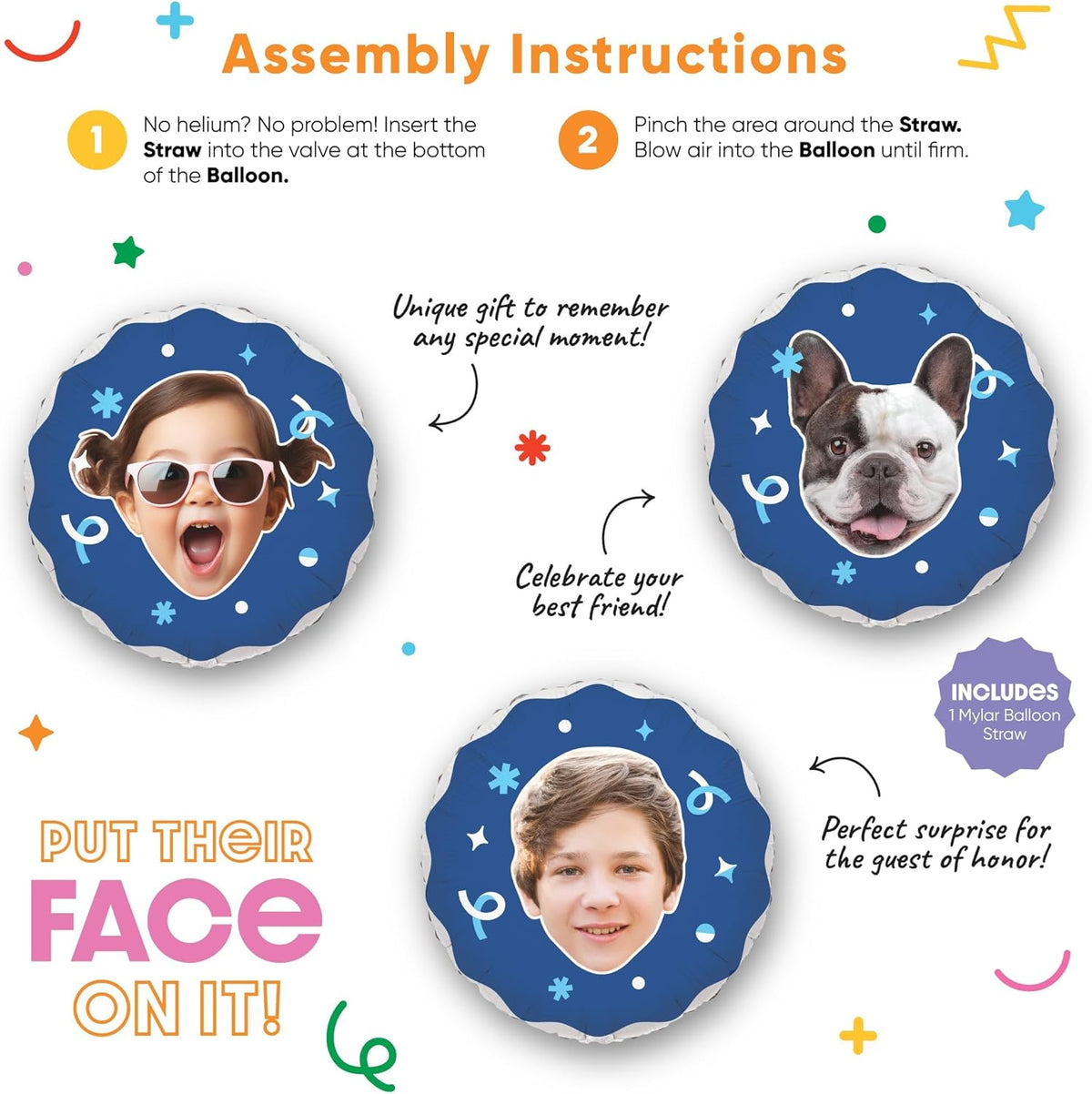 Big Dot of Happiness Personalized Fun Face Photo Blue Balloons, Custom Birthday Balloons, Boy Baby